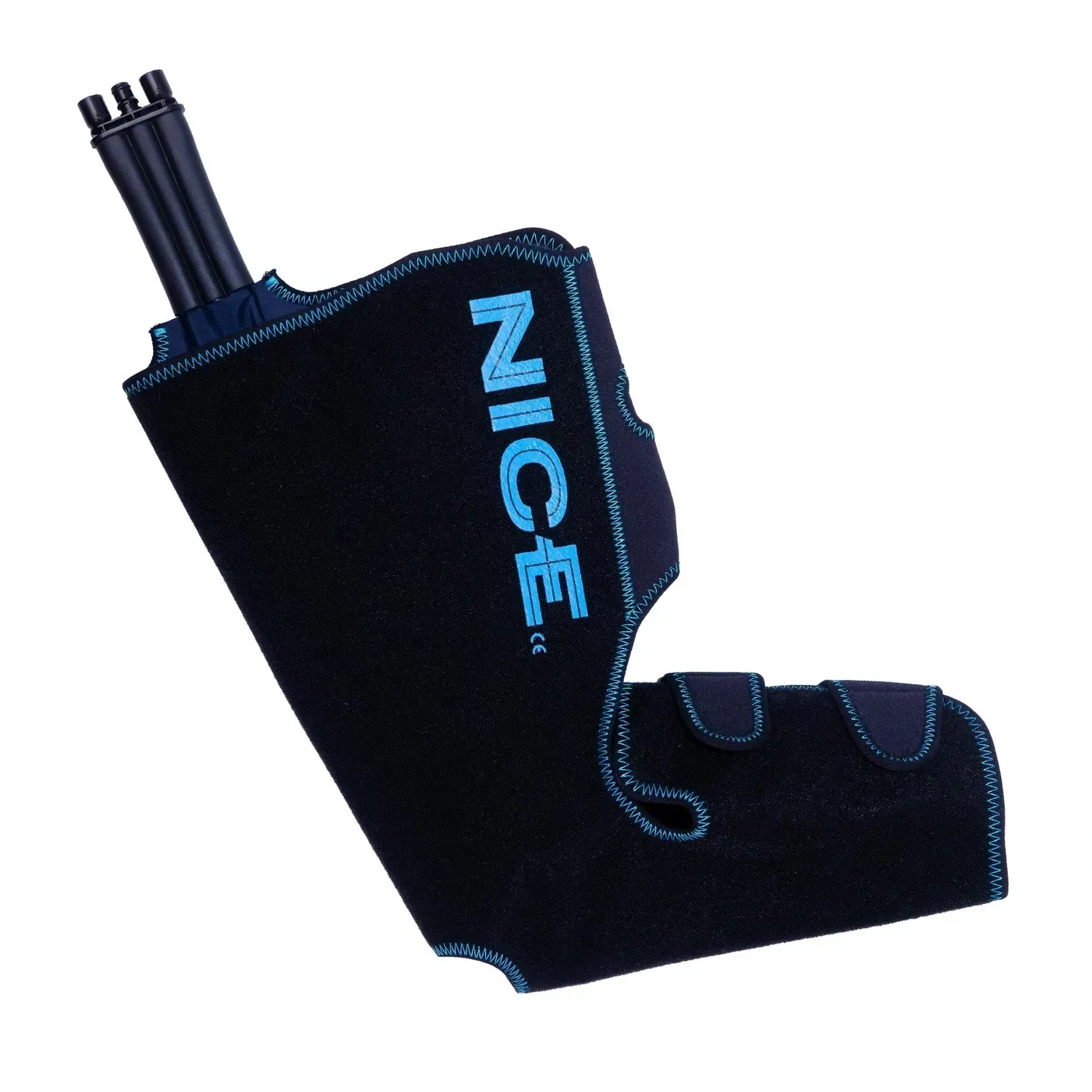 The NICE ankle wrap shaped around the foot and ankle, hoses attached